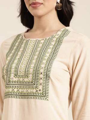 women's round neck solid beige straight kurta and patiala with dupatta 5