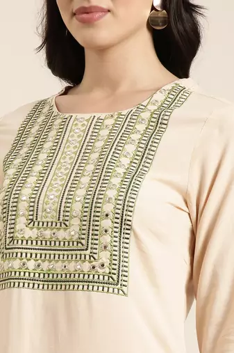 women's round neck solid beige straight kurta and patiala with dupatta