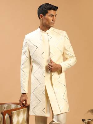 Men'S Cream Viscose Sherwani Only Top 2