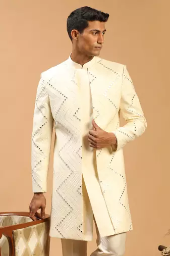 Men'S Cream Viscose Sherwani Only Top