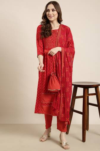 women's round neck geometric foil print red a-line kurta and trouser with dupatta