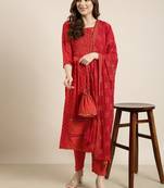 women's round neck geometric foil print red a-line kurta and trouser with dupatta