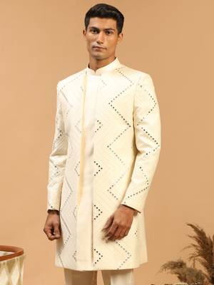 Men'S Cream Viscose Sherwani Only Top 3