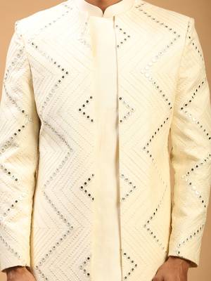 Men'S Cream Viscose Sherwani Only Top 4