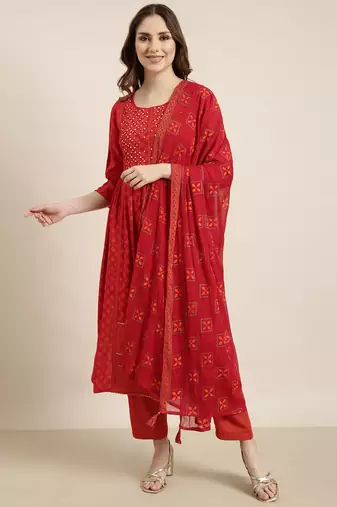 women's round neck geometric foil print red a-line kurta and trouser with dupatta