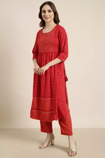 women's round neck geometric foil print red a-line kurta and trouser with dupatta