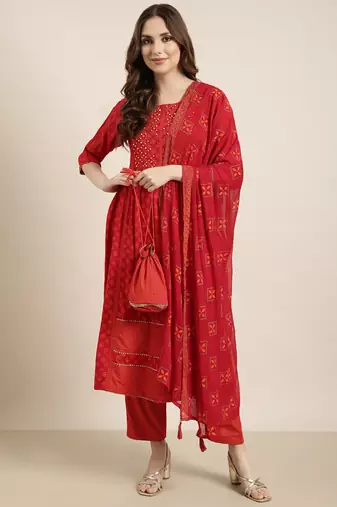 women's round neck geometric foil print red a-line kurta and trouser with dupatta