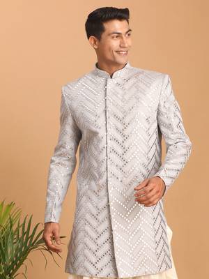 Men'S Aqua Silk Blend Sherwani Only Top. 1