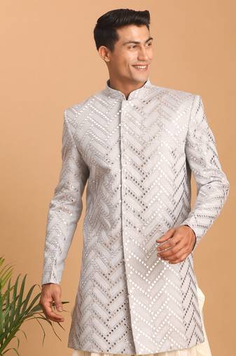 Men'S Aqua Silk Blend Sherwani Only Top.