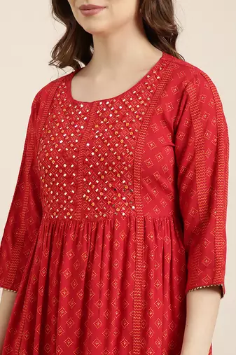 women's round neck geometric foil print red a-line kurta and trouser with dupatta