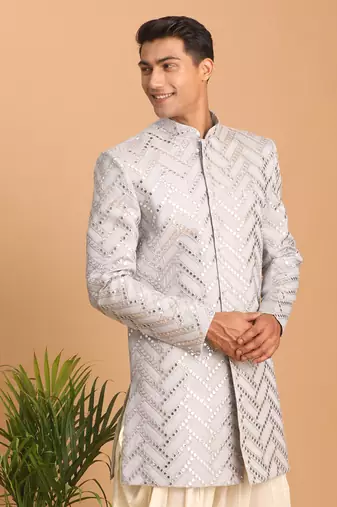 Men'S Aqua Silk Blend Sherwani Only Top.