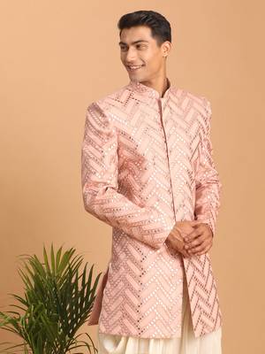 Men'S Pink Silk Blend Sherwani Only Top 2