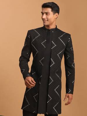 Men'S Black Viscose Sherwani Only Top 2