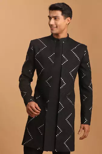 Men'S Black Viscose Sherwani Only Top