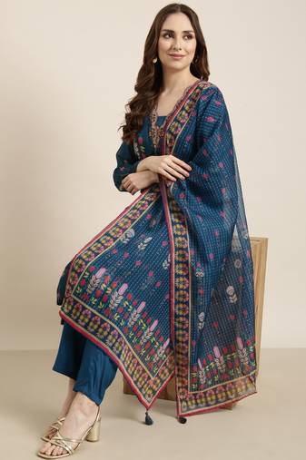 Showoff women's v-neck floral blue straight kurta and trouser with dupatta