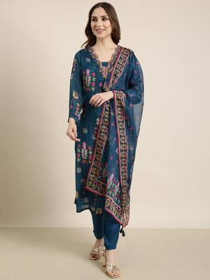 Showoff women's v-neck floral blue straight kurta and trouser with dupatta 2