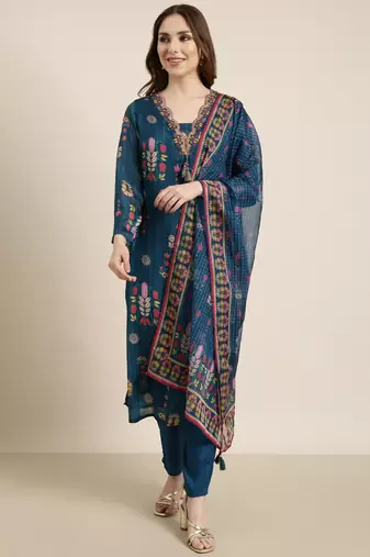 Showoff women's v-neck floral blue straight kurta and trouser with dupatta