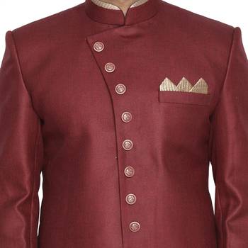 Men'S Maroon Polyester Lurex Blend Sherwani Only Top 1