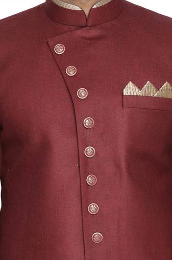Men'S Maroon Polyester Lurex Blend Sherwani Only Top