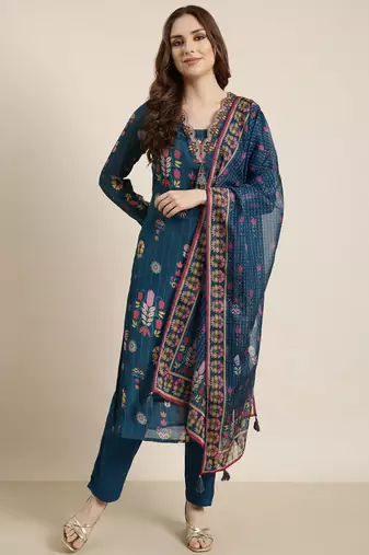 Showoff women's v-neck floral blue straight kurta and trouser with dupatta