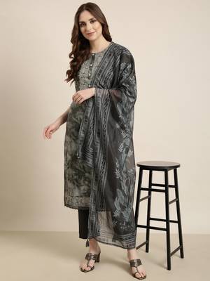 women's round neck floral grey straight kurta and trouser with dupatta 1