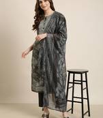 women's round neck floral grey straight kurta and trouser with dupatta