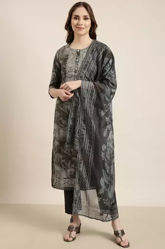women's round neck floral grey straight kurta and trouser with dupatta