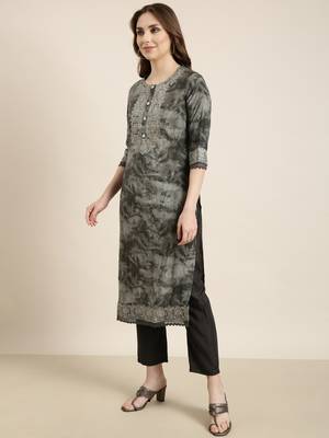 women's round neck floral grey straight kurta and trouser with dupatta 3