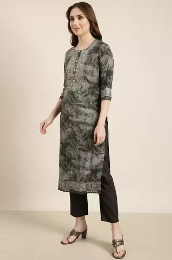 women's round neck floral grey straight kurta and trouser with dupatta