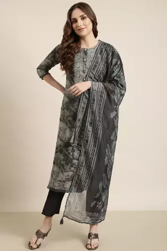 women's round neck floral grey straight kurta and trouser with dupatta