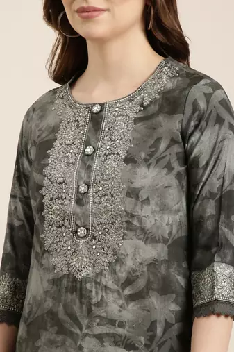 women's round neck floral grey straight kurta and trouser with dupatta