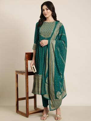 women's round neck ethnic motifs foil print green anarkali kurta and trouser with dupatta 1