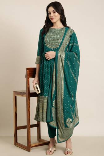 women's round neck ethnic motifs foil print green anarkali kurta and trouser with dupatta