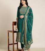 women's round neck ethnic motifs foil print green anarkali kurta and trouser with dupatta