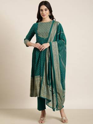 women's round neck ethnic motifs foil print green anarkali kurta and trouser with dupatta 2