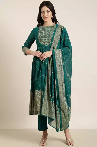 women's round neck ethnic motifs foil print green anarkali kurta and trouser with dupatta