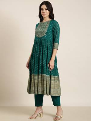 women's round neck ethnic motifs foil print green anarkali kurta and trouser with dupatta 3
