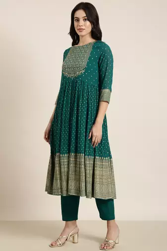 women's round neck ethnic motifs foil print green anarkali kurta and trouser with dupatta