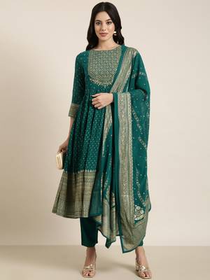 women's round neck ethnic motifs foil print green anarkali kurta and trouser with dupatta 4