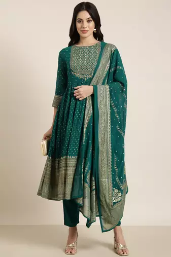 women's round neck ethnic motifs foil print green anarkali kurta and trouser with dupatta