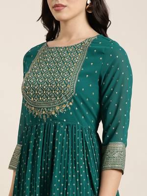 women's round neck ethnic motifs foil print green anarkali kurta and trouser with dupatta 5