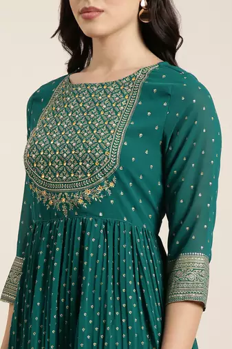 women's round neck ethnic motifs foil print green anarkali kurta and trouser with dupatta