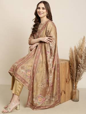 women's round neck floral beige straight kurta and trouser with dupatta 1