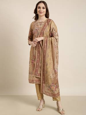 women's round neck floral beige straight kurta and trouser with dupatta 2