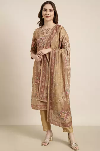 women's round neck floral beige straight kurta and trouser with dupatta