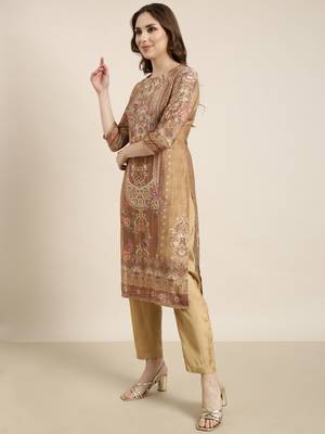 women's round neck floral beige straight kurta and trouser with dupatta 3