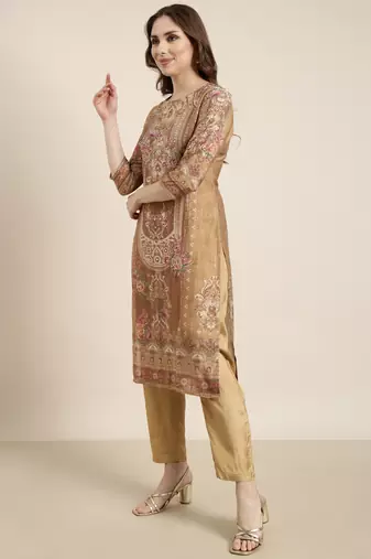 women's round neck floral beige straight kurta and trouser with dupatta