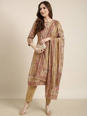 women's round neck floral beige straight kurta and trouser with dupatta 4