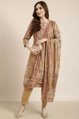 women's round neck floral beige straight kurta and trouser with dupatta