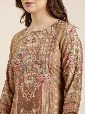 women's round neck floral beige straight kurta and trouser with dupatta 5